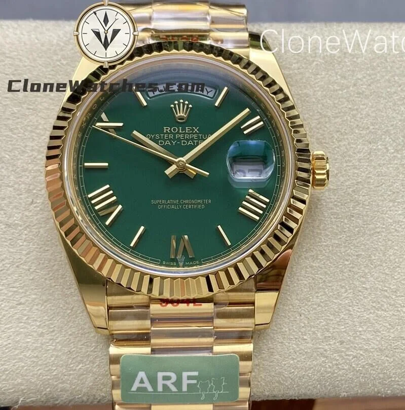 Super Clone Watches – Rolex  Day Date 18K Gold Green Roman Dial m228238 Presidential Bracelet