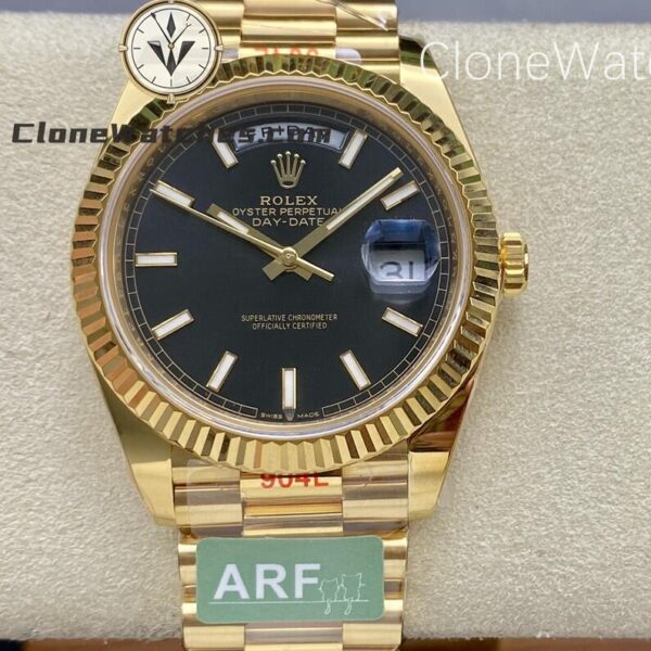 Super Clone Watches – Rolex  Day Date 18K Gold Black Dial m228238-0067 Presidential Bracelet