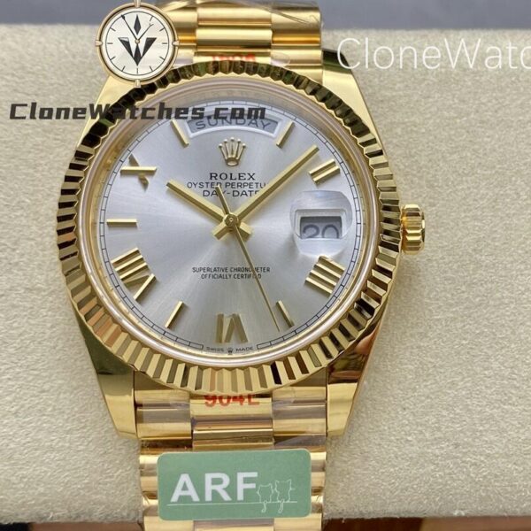 Super Clone Watches – Rolex  Day Date 18K Gold Silver Dial m228238-0002 Presidential Bracelet