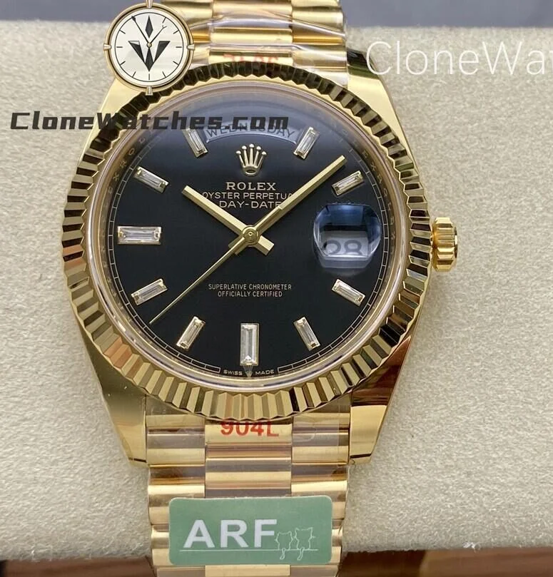 Super Clone Watches – Rolex  Day Date 18K Gold Black Diamond m228238-0004 Presidential Bracelet