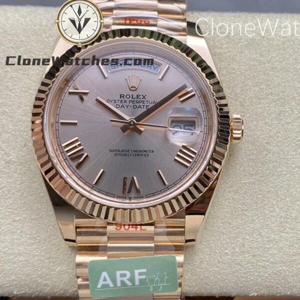 Super Clone Watches – Rolex Day Date 18K Rose Gold Sundust Roman Dial m228235 Presidential Bracelet