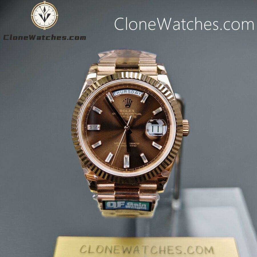 Super Clone Watches – Rolex  Day Date Rose Gold Diamond Chocolate Dial m228235 Presidential Bracelet