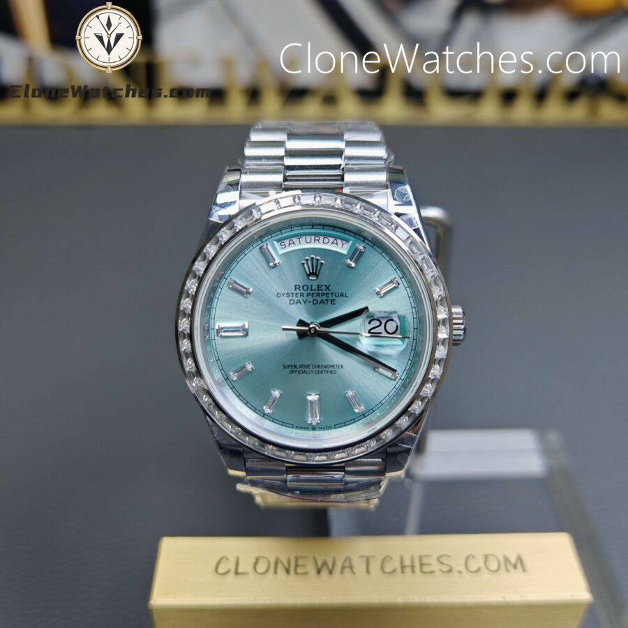 Super Clone Watches – Rolex  Day Date Ice Blue Diamond 228396TBR Presidential Bracelet