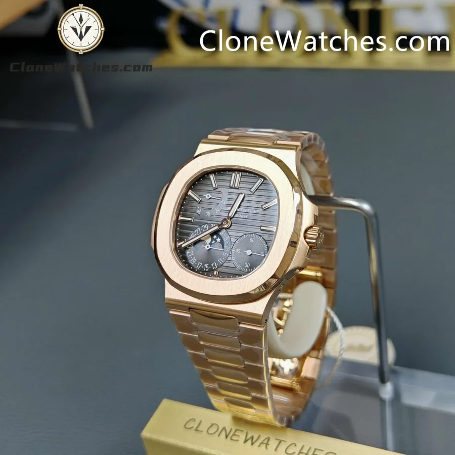 Patek Philippe Super Clone Watches 1:1 Nautilus Moon Phase 18K Rose Gold 5712 Grey Dial New Clasp - Image 3