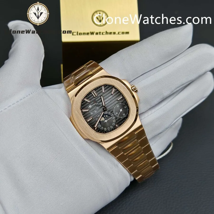 Patek Philippe Super Clone Watches 1:1 Nautilus Moon Phase 18K Rose Gold 5712 Grey Dial New Clasp - Image 4