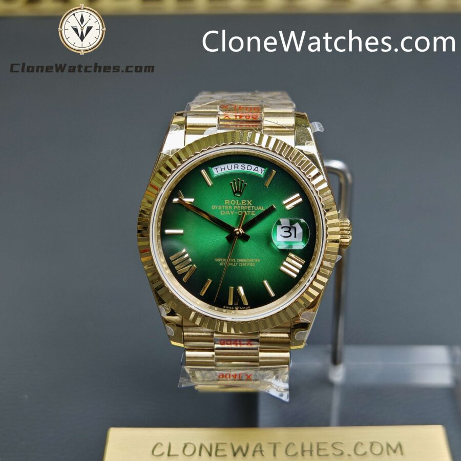 Super Clone Watches – Rolex  Day Date 18K Gold Green Dial m228238-0069 Presidential Bracelet