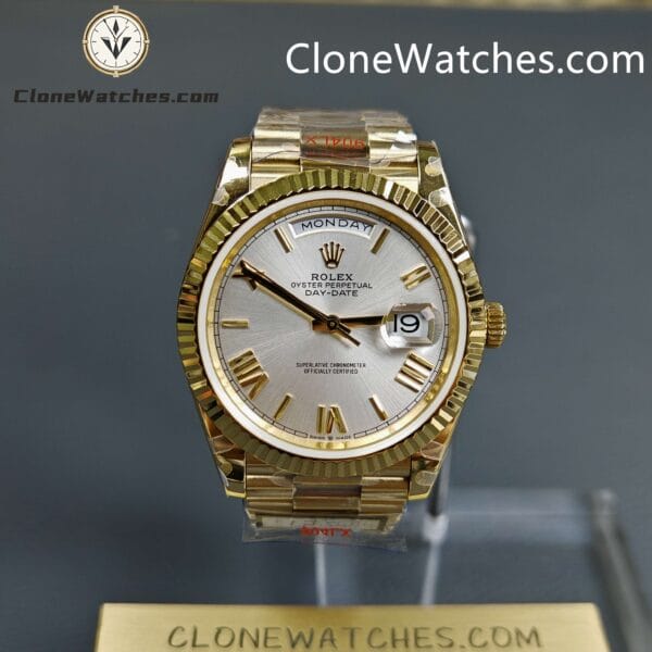 Super Clone Watches – Rolex  Day Date 18K Gold Silver Dial m228238-0002 Presidential Bracelet