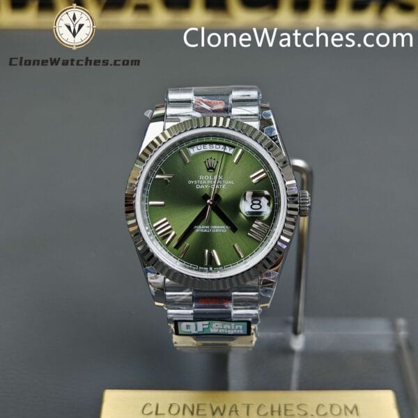 Super Clone Watches – Rolex  Day Date Olive Green Dial m228239-0033 Presidential Bracelet