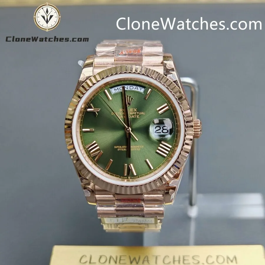 Super Clone Watches – Rolex  Day Date 18K Rose Gold Olive Green Dial m228235-0025 Presidential Bracelet