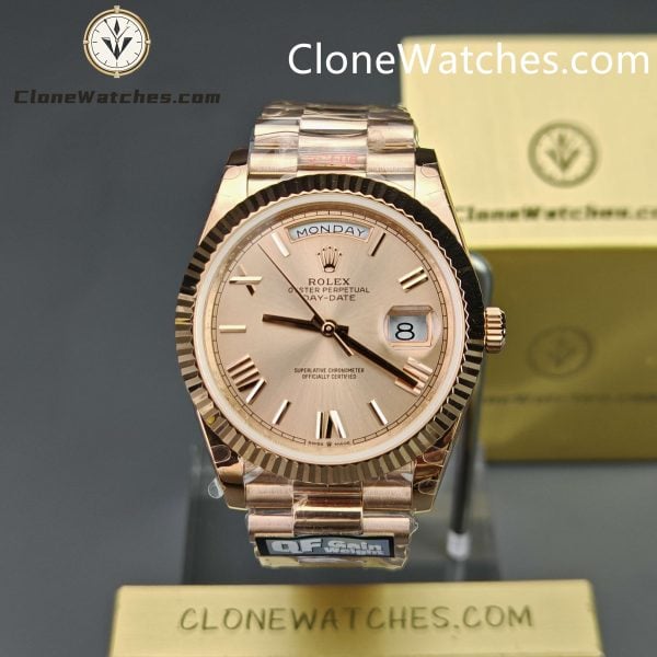 Super Clone Watches – Rolex Day Date 18K Rose Gold Sundust Roman Dial m228235 Presidential Bracelet