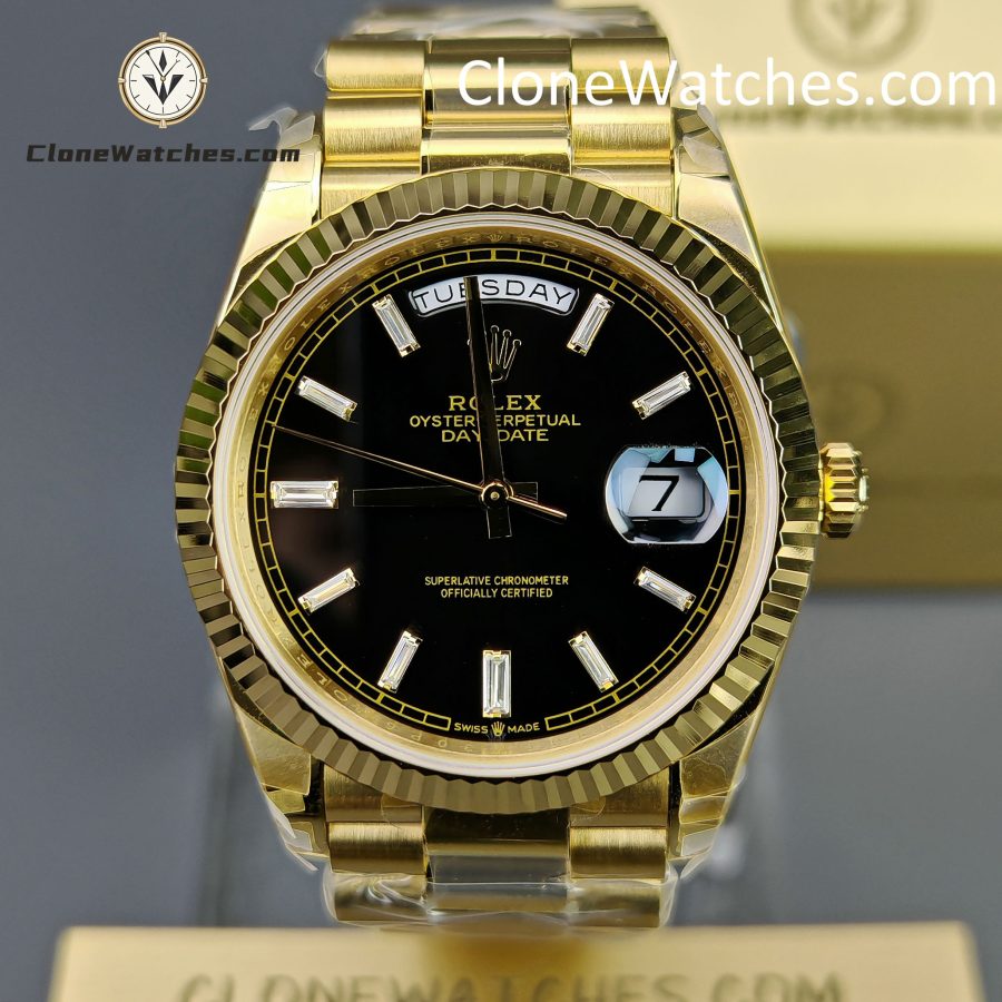Rolex Super Clone Watches 1:1 Day Date 18K Gold Black Diamond Dial 40mm m228238-0004 3255 Movement