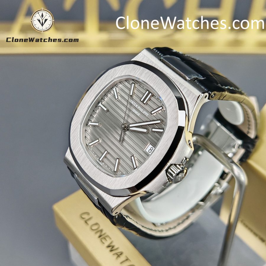 Patek Philippe Super Clone Watches 1:1 Nautilus 5711 Grey Dial Black Leather Strap - Image 3