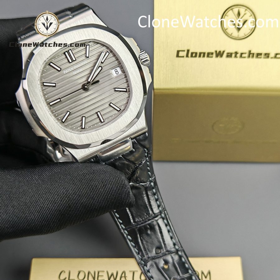 Patek Philippe Super Clone Watches 1:1 Nautilus 5711 Grey Dial Black Leather Strap - Image 4