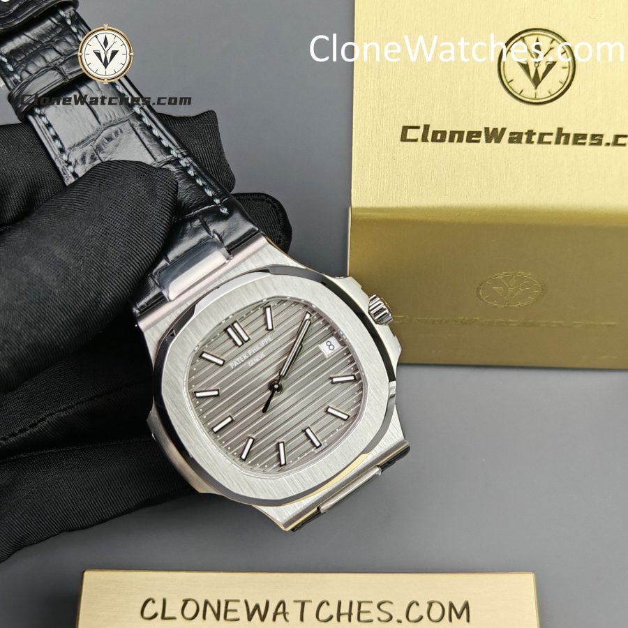 Patek Philippe Super Clone Watches 1:1 Nautilus 5711 Grey Dial Black Leather Strap - Image 5