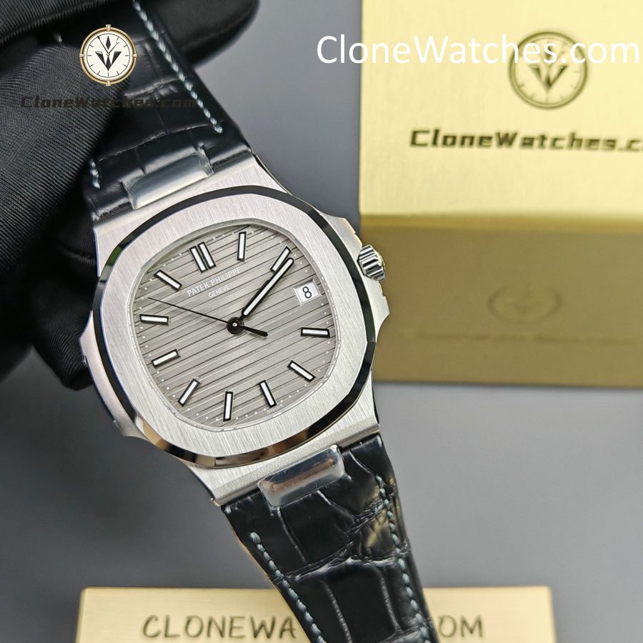 Patek Philippe Super Clone Watches 1:1 Nautilus 5711 Grey Dial Black Leather Strap - Image 6