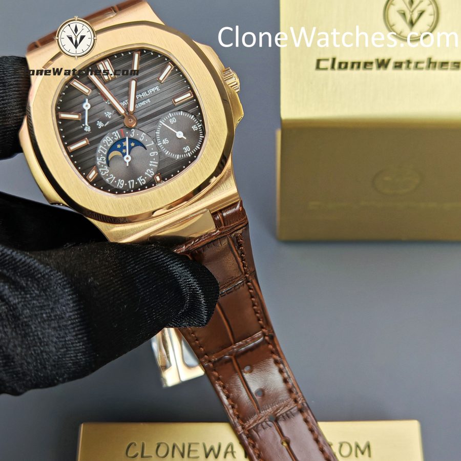 Patek Philippe Super Clone Watches 1:1 Nautilus 5712 Grey Dial Brown Leather Strap - Image 4