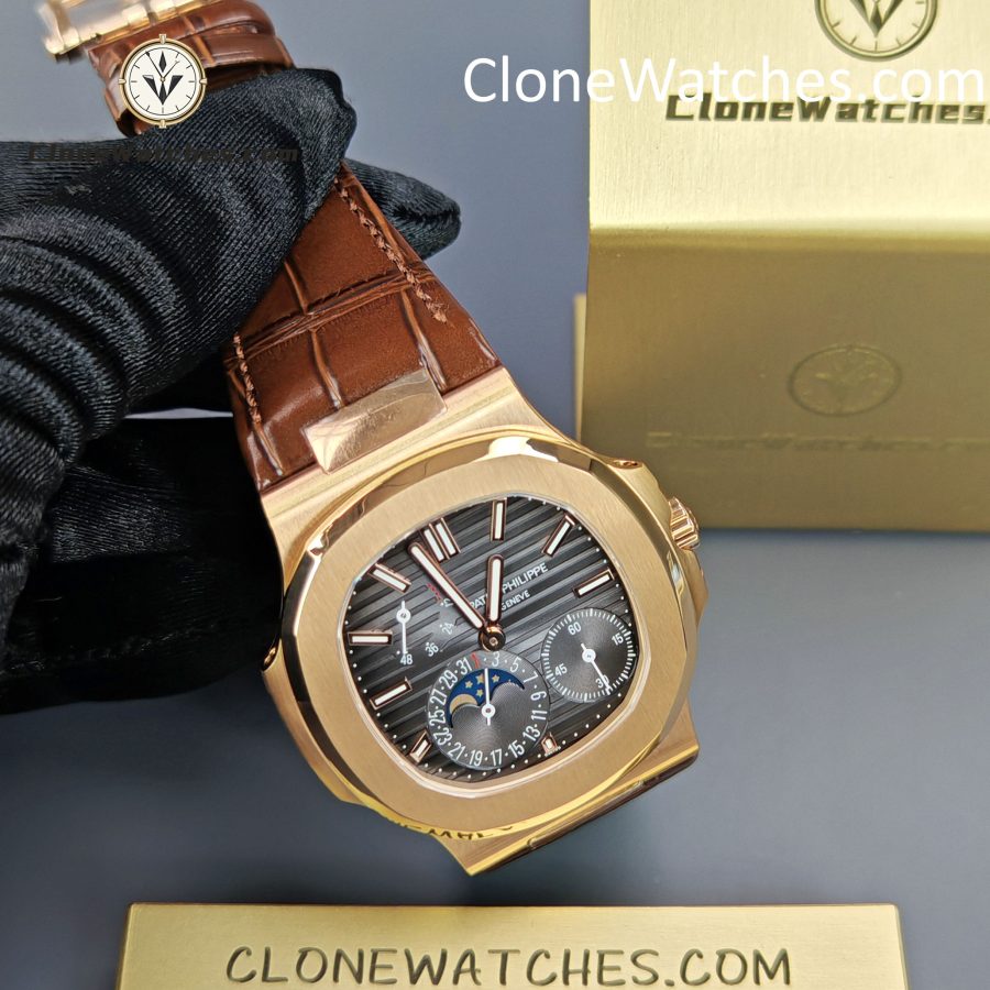 Patek Philippe Super Clone Watches 1:1 Nautilus 5712 Grey Dial Brown Leather Strap - Image 5