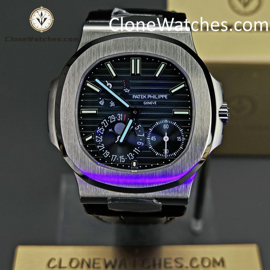 Patek Philippe Super Clone Watches 1:1 Nautilus 5712 Blue Dial Black Leather Strap - Image 2