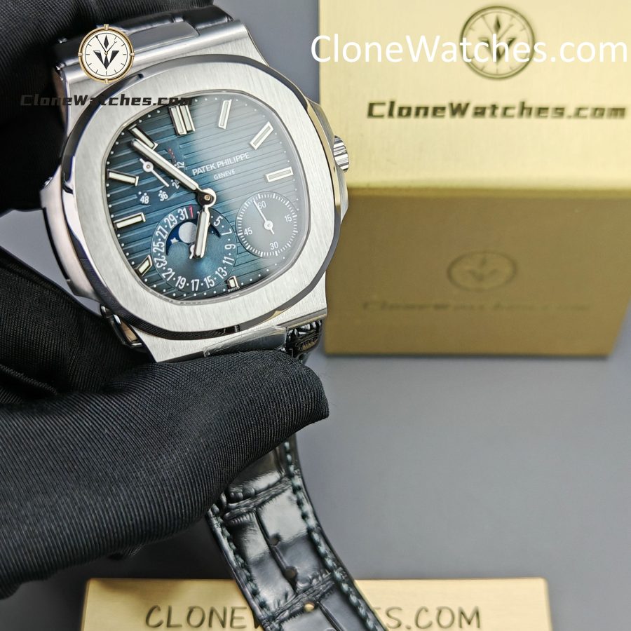 Patek Philippe Super Clone Watches 1:1 Nautilus 5712 Blue Dial Black Leather Strap - Image 4