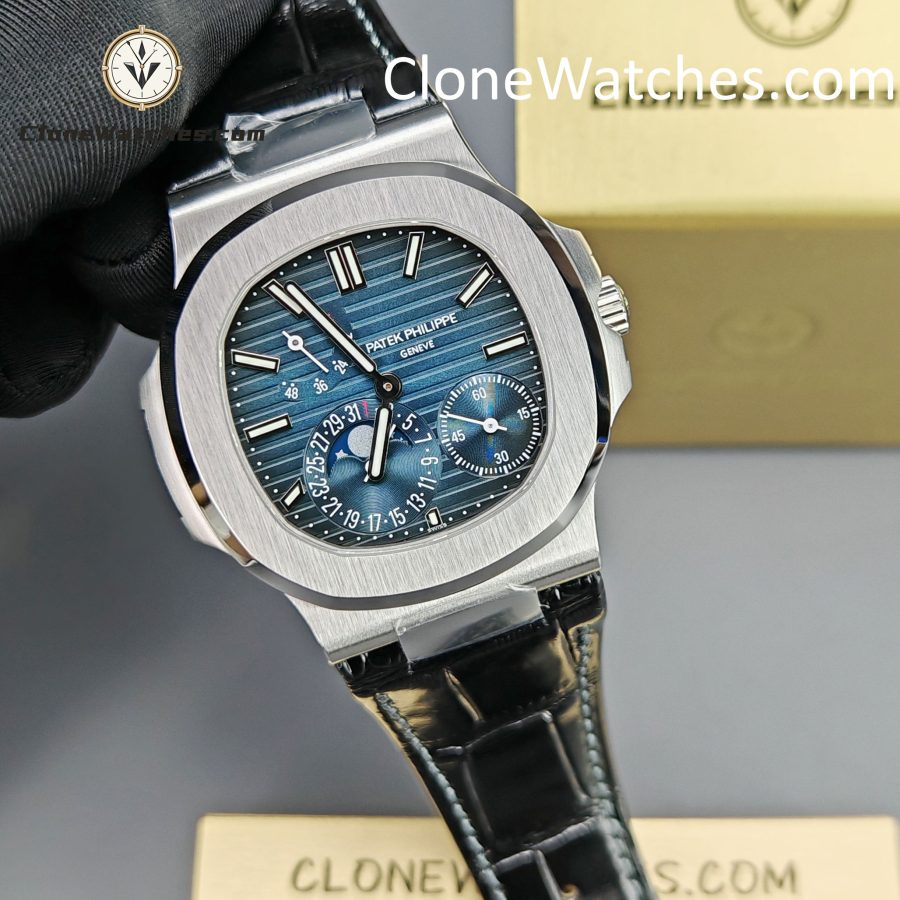 Patek Philippe Super Clone Watches 1:1 Nautilus 5712 Blue Dial Black Leather Strap - Image 5