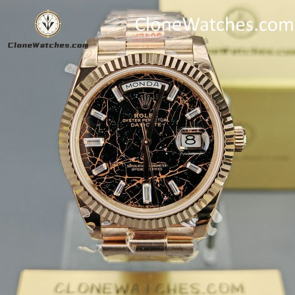 Rolex Super Clone Watches 1:1 Day Date 18K Rose Gold Black Diamond Dial 40mm m228235-0045 3255 Movement