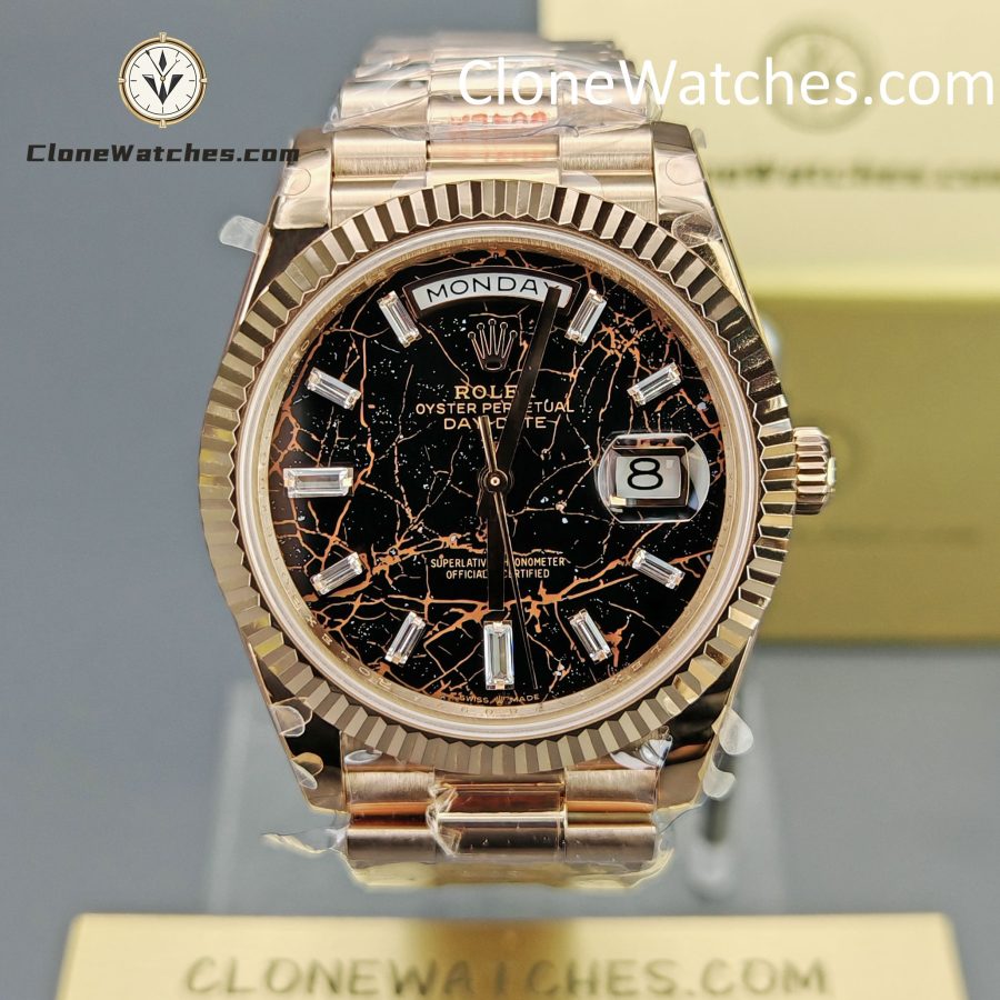 Rolex Super Clone Watches 1:1 Day Date 18K Rose Gold Black Diamond Dial 40mm m228235-0045 3255 Movement