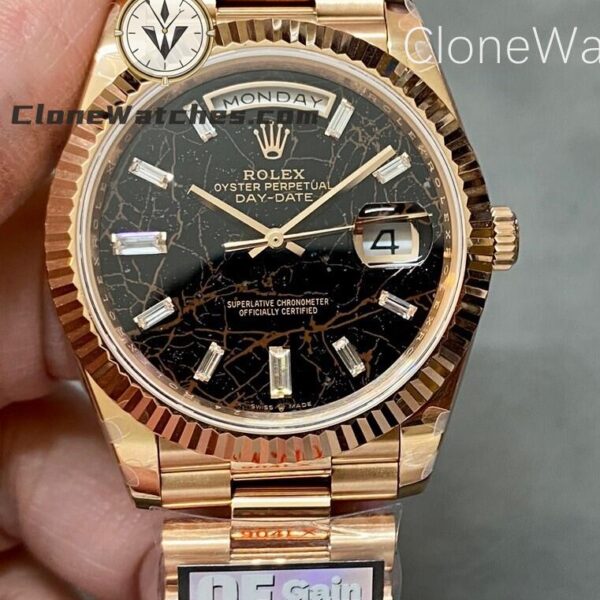 Super Clone Watches – Rolex  Day Date Rose Gold Black Diamond Dial m228235-0045 Presidential Bracelet