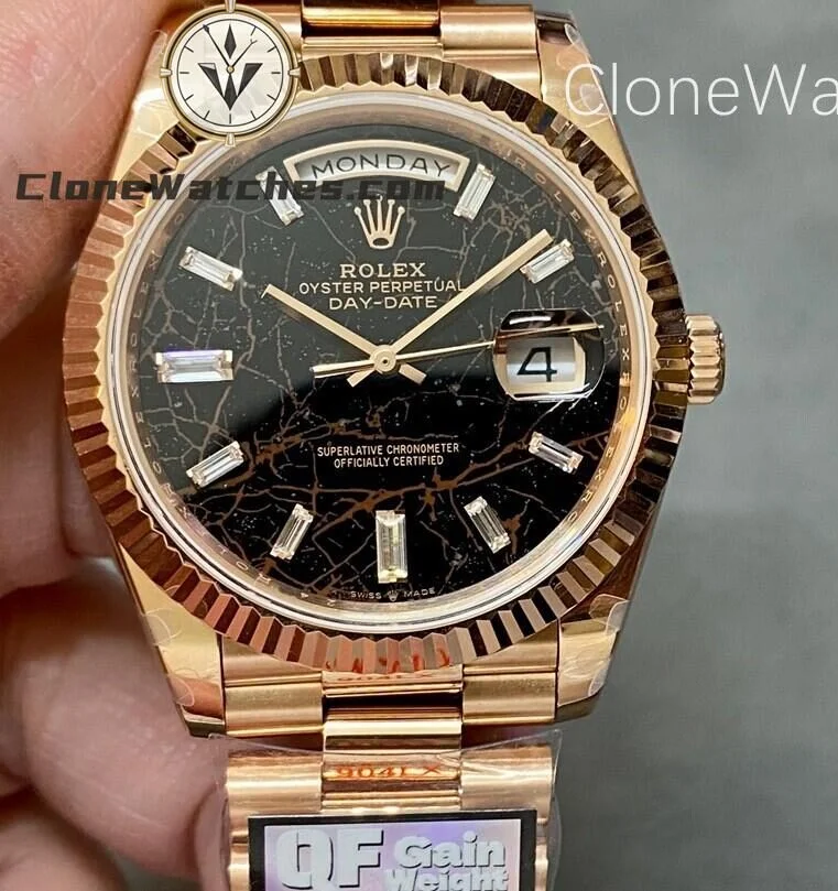 Super Clone Watches – Rolex  Day Date Rose Gold Black Diamond Dial m228235-0045 Presidential Bracelet