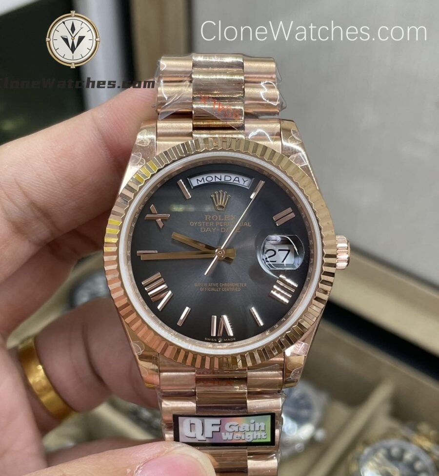 Super Clone Watches – Rolex  Day Date Rose Gold Grey Roman Dial m228235-0055 Presidential Bracelet