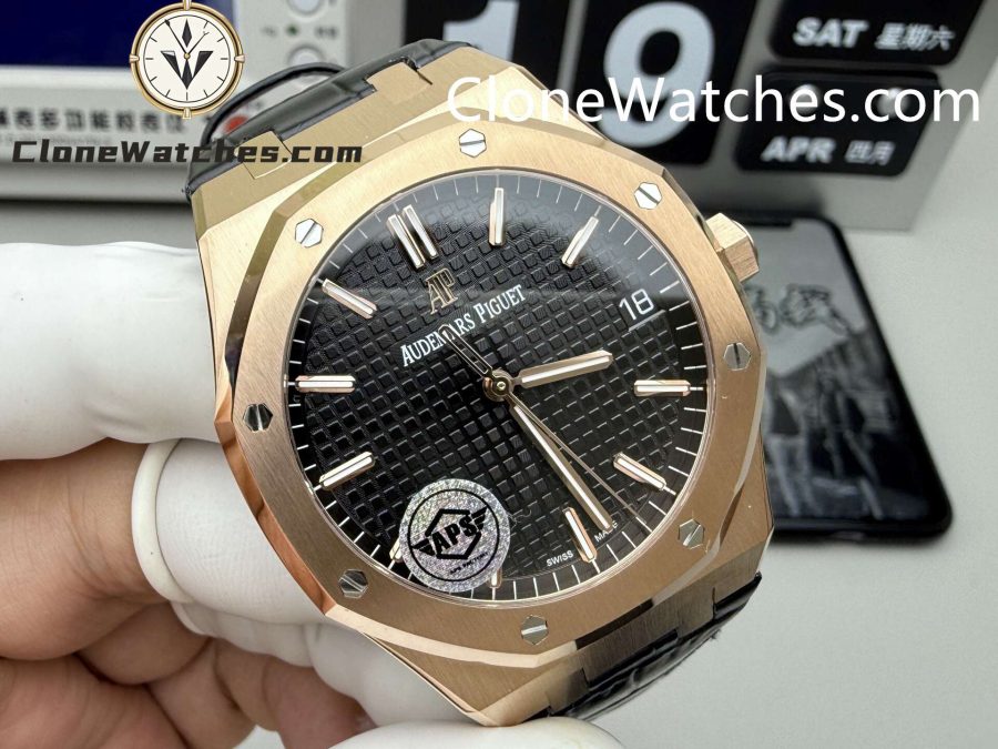 Audemars Piguet Super Clone Watches 1:1 Royal Oak Rose Gold 15500 Black Dial Leather strap - Image 2