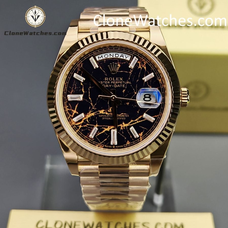 Rolex Super Clone Watches 1:1 Day Date 18K Rose Gold Black Diamond Dial 40mm m228235-0045 3255 Movement