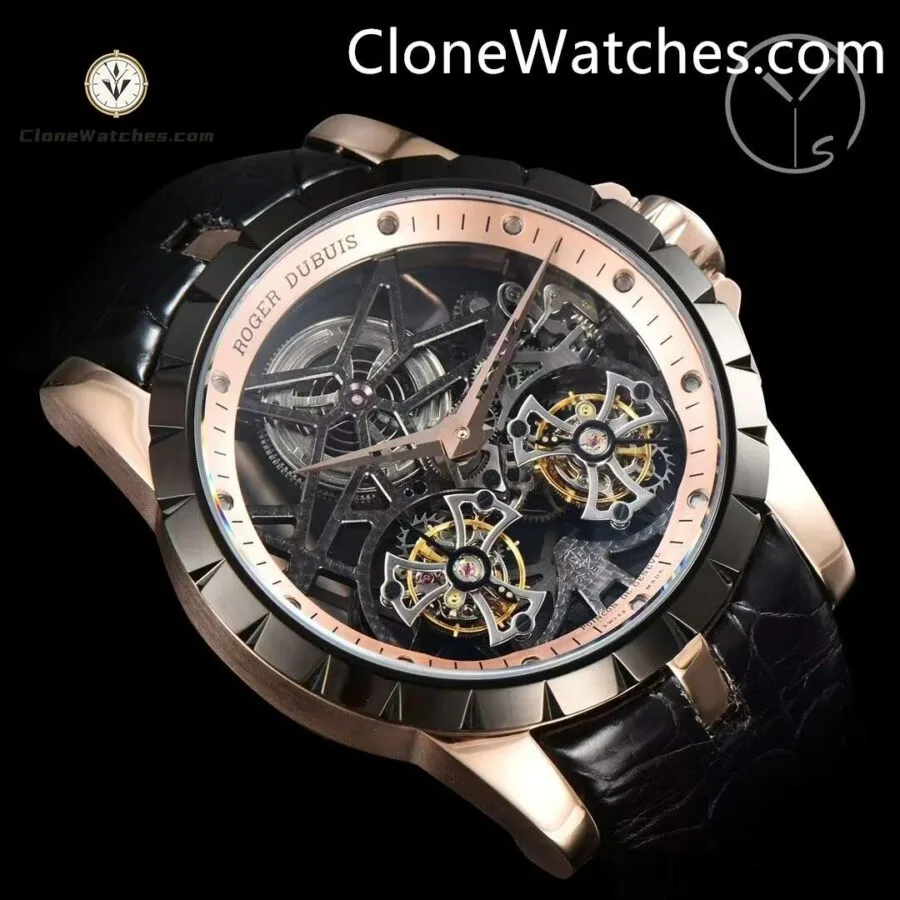 Roger Dubuis Super Clone Watches 1:1 Excalibur Rose Gold Skeleton Double Flying Tourbillon RDDBEX0397 45MM - Image 2