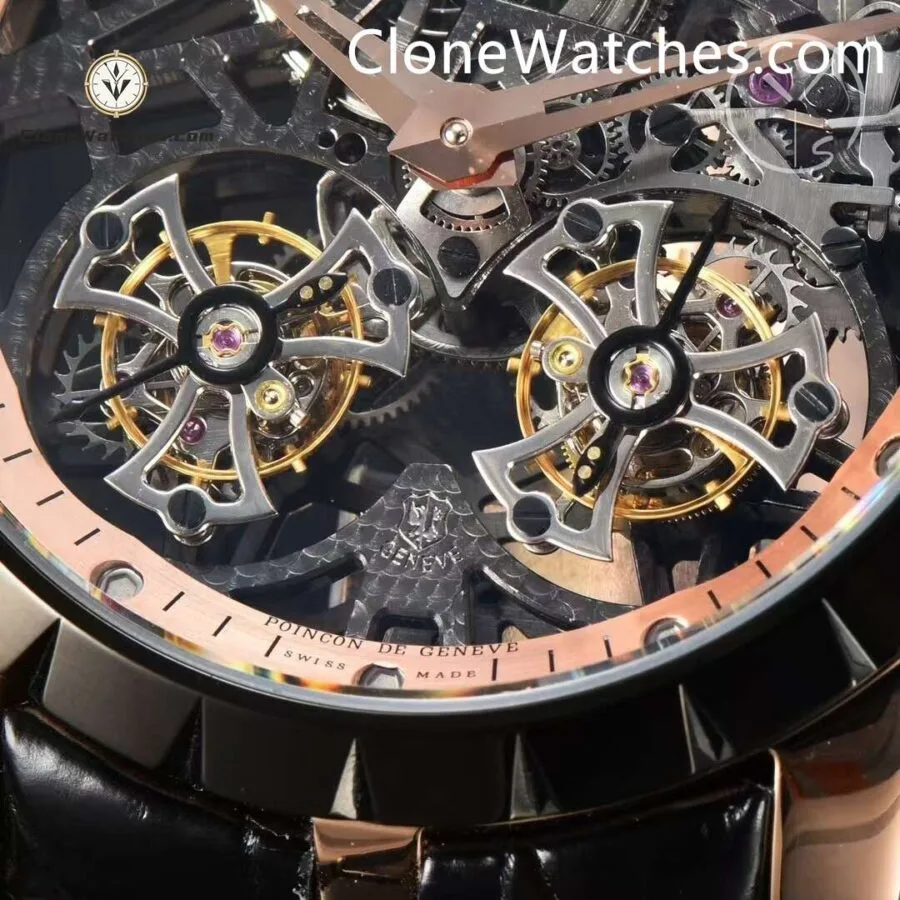 Roger Dubuis Super Clone Watches 1:1 Excalibur Rose Gold Skeleton Double Flying Tourbillon RDDBEX0397 45MM - Image 6