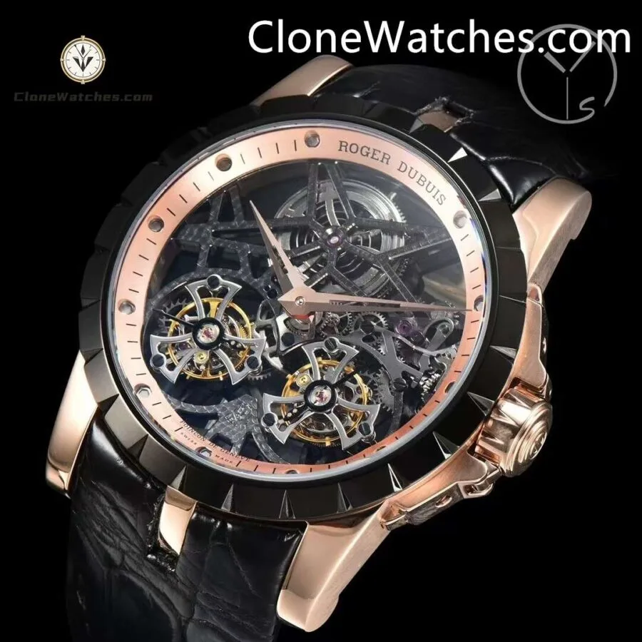 Roger Dubuis Super Clone Watches 1:1 Excalibur Rose Gold Skeleton Double Flying Tourbillon RDDBEX0397 45MM - Image 3