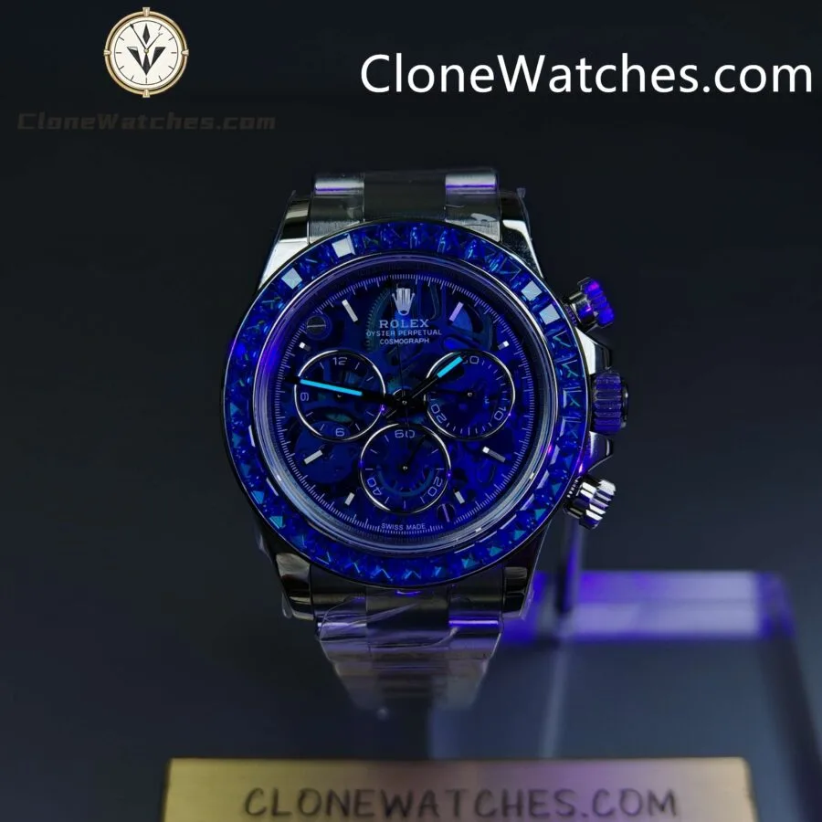 Rolex Super Clone Watches 1:1 Daytona Arolla Blue Crystal Skeleton Dial Diamonds Bezel 4130 Movement - Image 3