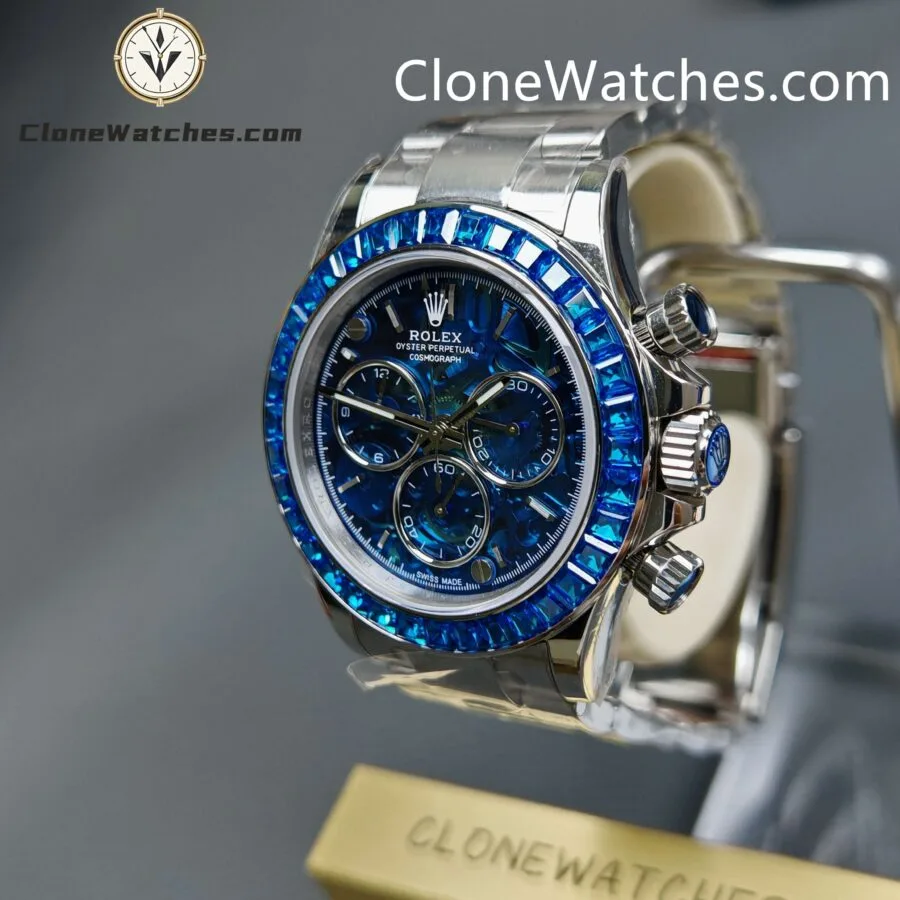 Rolex Super Clone Watches 1:1 Daytona Arolla Blue Crystal Skeleton Dial Diamonds Bezel 4130 Movement - Image 5