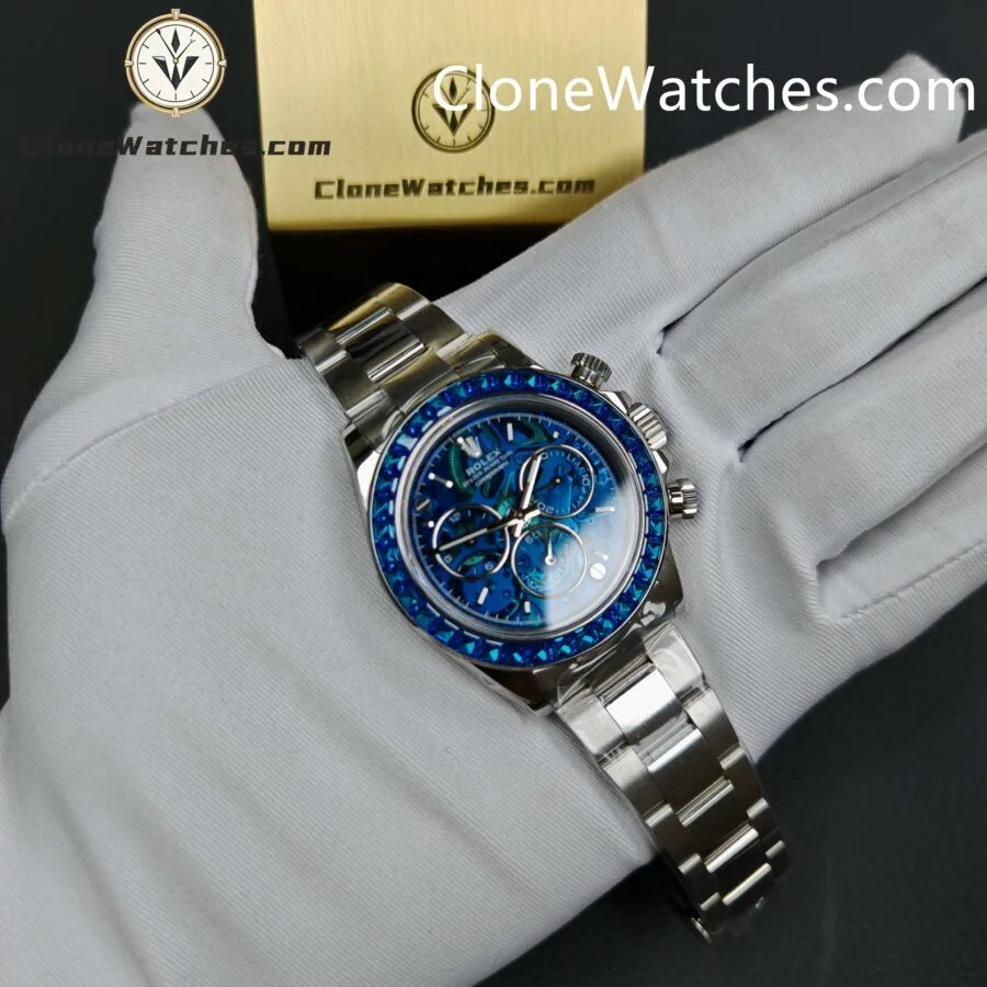 Rolex Super Clone Watches 1:1 Daytona Arolla Blue Crystal Skeleton Dial Diamonds Bezel 4130 Movement - Image 8