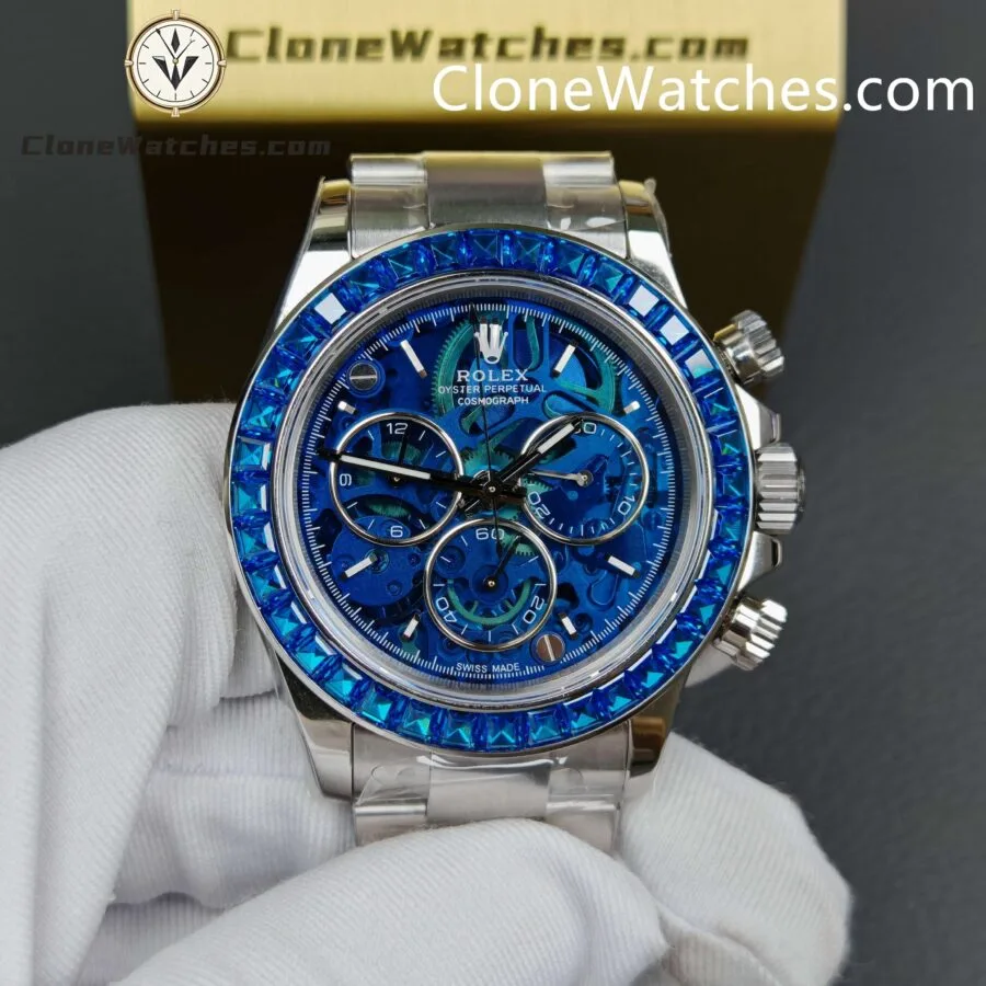 Rolex Super Clone Watches 1:1 Daytona Arolla Blue Crystal Skeleton Dial Diamonds Bezel 4130 Movement - Image 7