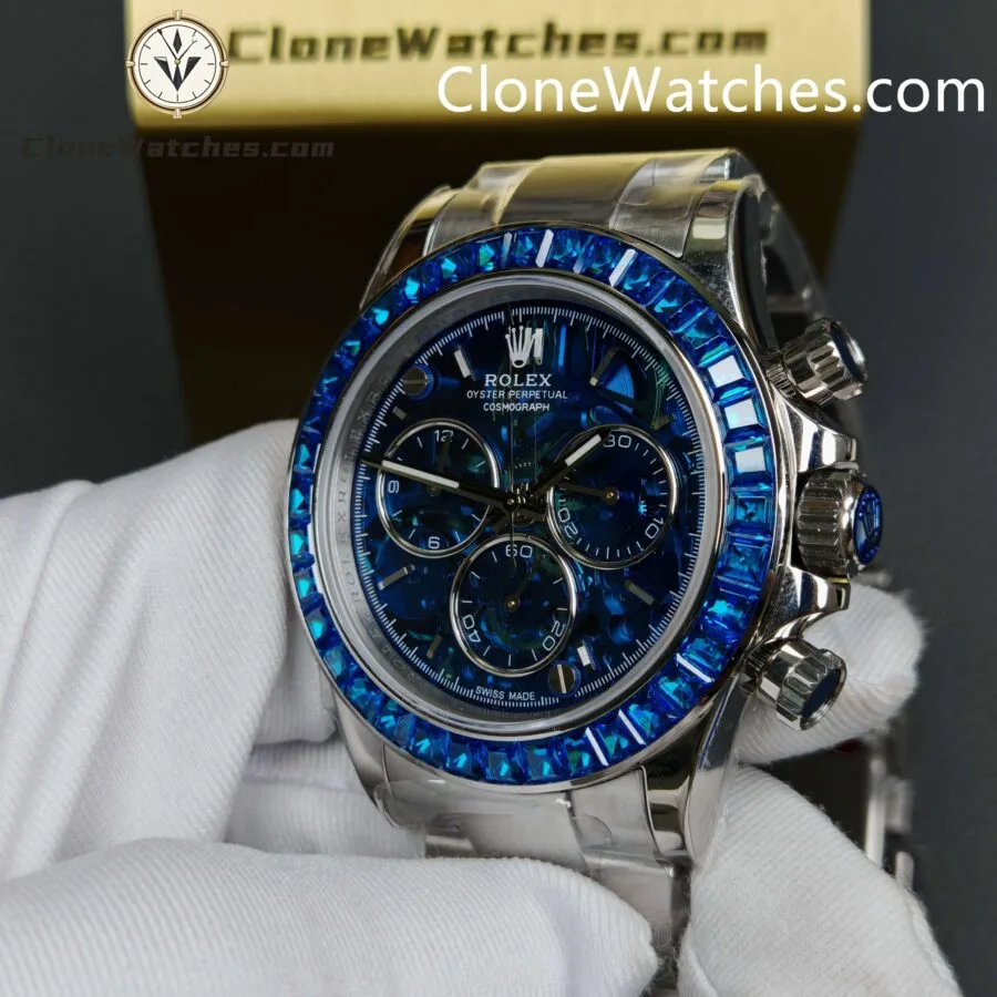 Rolex Super Clone Watches 1:1 Daytona Arolla Blue Crystal Skeleton Dial Diamonds Bezel 4130 Movement - Image 12