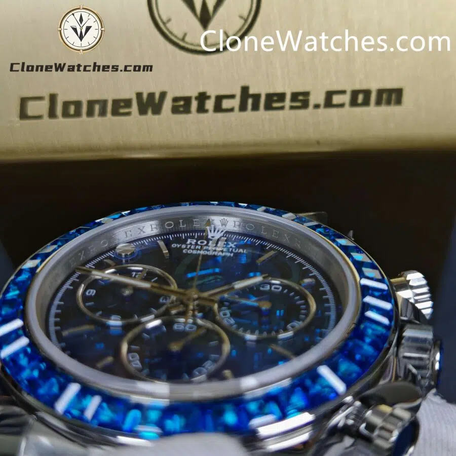 Rolex Super Clone Watches 1:1 Daytona Arolla Blue Crystal Skeleton Dial Diamonds Bezel 4130 Movement - Image 10