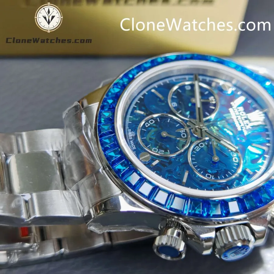 Rolex Super Clone Watches 1:1 Daytona Arolla Blue Crystal Skeleton Dial Diamonds Bezel 4130 Movement - Image 11