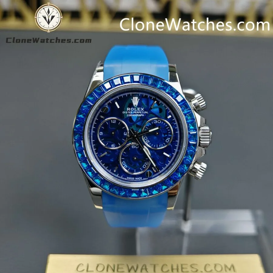 Rolex Super Clone Watches 1:1 Daytona Arolla Blue Crystal Skeleton Dial Diamonds Bezel 4130 Movement - Image 2