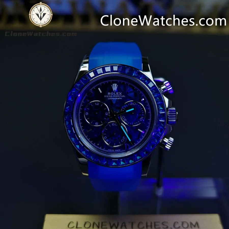 Rolex Super Clone Watches 1:1 Daytona Arolla Blue Crystal Skeleton Dial Diamonds Bezel 4130 Movement - Image 4