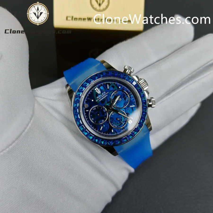 Rolex Super Clone Watches 1:1 Daytona Arolla Blue Crystal Skeleton Dial Diamonds Bezel 4130 Movement - Image 9