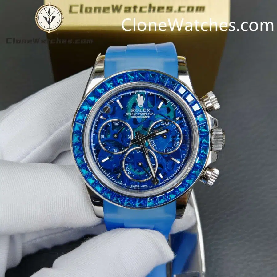 Rolex Super Clone Watches 1:1 Daytona Arolla Blue Crystal Skeleton Dial Diamonds Bezel 4130 Movement - Image 6