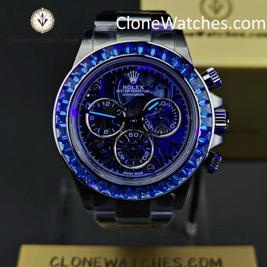 Rolex Super Clone Watches 1:1 Daytona Arolla Blue Crystal Skeleton Dial Diamonds Bezel 4130 Movement - Image 2