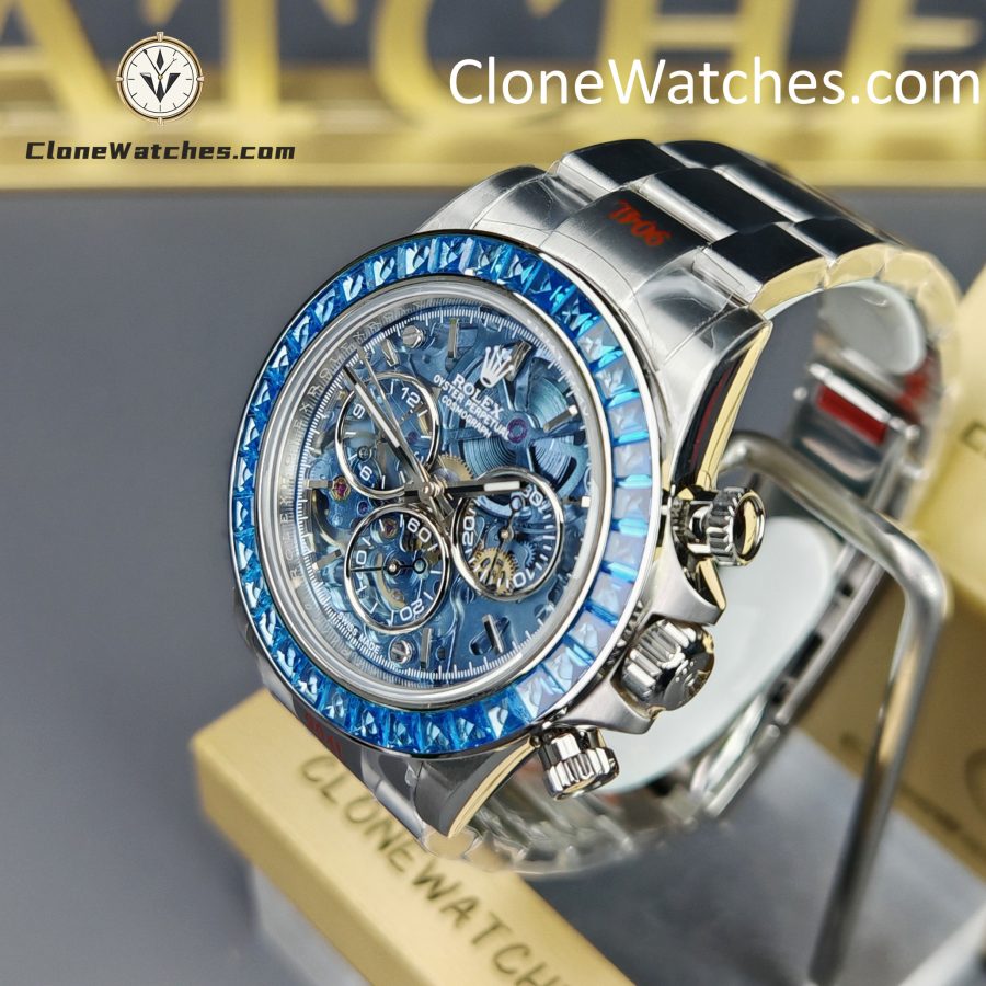 Rolex Super Clone Watches 1:1 Daytona Arolla Blue Crystal Skeleton Dial Diamonds Bezel 4130 Movement - Image 3