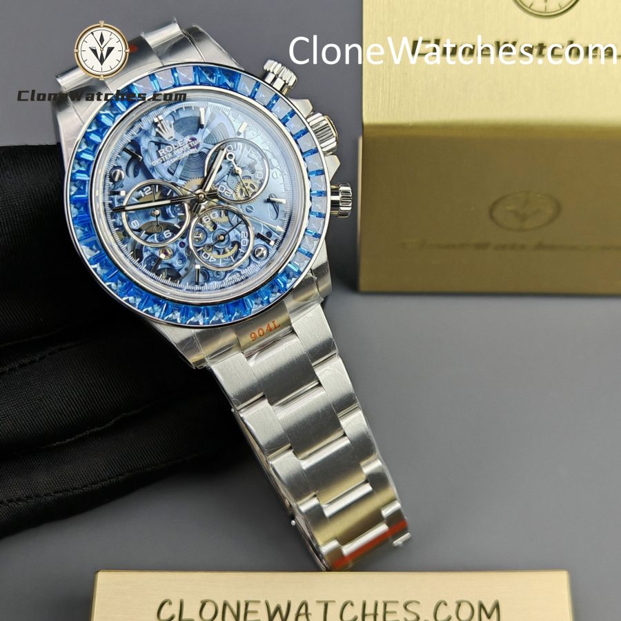 Rolex Super Clone Watches 1:1 Daytona Arolla Blue Crystal Skeleton Dial Diamonds Bezel 4130 Movement - Image 4