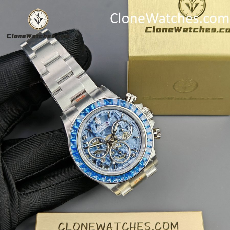 Rolex Super Clone Watches 1:1 Daytona Arolla Blue Crystal Skeleton Dial Diamonds Bezel 4130 Movement - Image 5