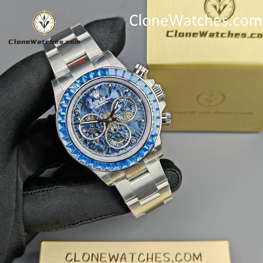Rolex Super Clone Watches 1:1 Daytona Arolla Blue Crystal Skeleton Dial Diamonds Bezel 4130 Movement - Image 6